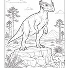 Ein Dinosaurier mit einem großen, abgerundeten Kopf steht auf einem Felsen in einer prähistorischen Landschaft.