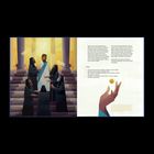 Texte: Fragen zu religiösen Anführern, Tempel, Münze und Jesus' Reaktion. Illustration zeigt Jesus in der Mitte mit Schriftgelehrten.