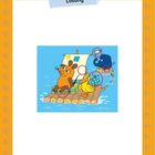 Text: "Lösung". Illustration: Maus, Ente und Elefant auf einem Floß mit Segel, Umrandung aus Sonnenmotiven.