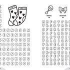Links: "SOCKEN 14x", Buchstabengitter, Socken-Illustration. Rechts: "RASSEL", "SCHLEIFE", "TEDDY", "BALL" je 3x, Symbole.