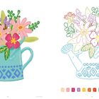 Illustration einer Gießkanne mit bunten Blumen. Links farbig, rechts nummerierte Malvorlage mit Farbpalette.