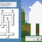 Kreuzworträtsel links, Pixelbild rechts. In der Mitte ein Raster mit Zahlen. Rätselfelder enthalten Buchstaben.