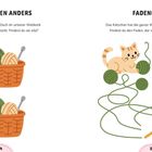 „Ein bisschen anders. […] 5 Unterschiede versteckt.“ Zwei Wollkörbe, Stricknadeln, Garnknäuel und Katze mit Faden.