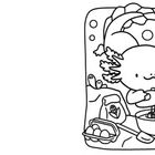 Illustration eines Axolotls beim Backen, das den Teig mit einem Schneebesen in einer Schüssel rührt.