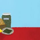 "Vorspeisen" steht rechts. Eine Illustration mit Brot, Zitrone, Oliven im Glas und gefüllten Röllchen auf einem Teller.