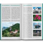 Texte: "DAS SALZKAMMERGUT – VON DER BERGAUREGION", "ZUM WANDERPARADIES", "Vergnügte Wanderer auf der Katrin bei Bad Ischl", "Zauber der Gegensätze – vom Dachstein über den Traunsee bis Hallstatt". Fotos: Berglandschaft mit Wanderern, Berggipfel, Blume, Schiff, Seelandschaft.