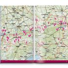 Zwei Seiten einer Landkarte mit pinken Stecknadeln an Orten in Deutschland, Österreich und Nachbarländern.