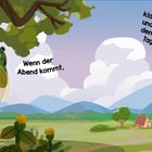 Text: "Wenn der Abend kommt, klart der Himmel auf und die Zikaden sagen dem zu Ende gehenden Tag auf Wiedersehen." 

Illustration: Zikaden an einem Baum, idyllische Landschaft mit Haus und Bergen im Hintergrund.