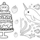 Links: Ein Pinguin auf einer hohen Torte mit Erdbeeren. Rechts: Ein Narwal mit Fischen, Seestern und Pflanzen im Meer.