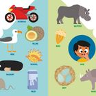 Links: M für Motorrad, Melone, Marienkäfer, Möwe, Maulwurf, Muschel, Maus, Milch. Rechts: N für Nilpferd, Nuss, Nase, Nachtigall, Nest, Nashorn. Illustrationen dazu.