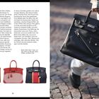 Links: Text über Birkin-Taschen, Modelle wie Birkin Rock. Unten: Bild von drei Taschen. Rechts: Schwarze Tasche wird getragen.