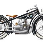Text: "BMW R 32", "1923". Illustration eines klassischen Motorrads mit schwarzem Rahmen, braunem Sitz und BMW-Logo.