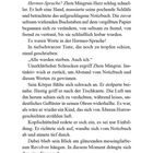 Text über die Hermes-Sprache und mystische Gedanken. Eine Szene mit Spannung, Notizbuch und einem Revolver.