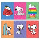 Oben: Snoopy in Winterjacke, mit Brief, auf buntem Hundehäuschen. Unten: Mit Surfbrett, Blumenstrauß, Eis. Pop-Art-Stil.


