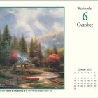 Mittwoch, 6. Oktober. Kalenderblatt mit Herbstlandschaft und Waldhütte. Unten Kalender für Oktober 2027.
