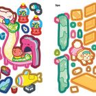 Links steht "Theme park", rechts "Spa". Illustrationen zeigen niedliche Tierchen mit bunten Gegenständen und Symbolen aus Freizeitpark und Spa.