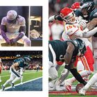 144. Ein Spieler sitzt mit gesenktem Kopf in der Umkleide, daneben Spielszenen eines Football-Matches.