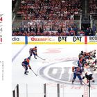 Tabellen und Spielergebnisse der Edmonton Oilers. Links Karte von Nordamerika. Rechts Eishockeyspielszene.