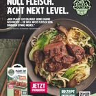 "Null Fleisch. Ächtes Next Level." Zitat über Plant Cut. Logo "The Green Mountain". Packung und Gericht mit Fleischersatz.
