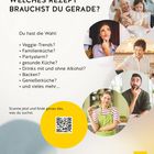 Text: "WELCHES REZEPT BRAUCHST DU GERADE? Du hast die Wahl: Veggie-Trends? Familienküche? Partyalarm? gesunde Küche? Drinks mit und ohne Alkohol? Backen? GenießerKüche? und vieles mehr... Scanne jetzt und finde genau das, was du suchst. GU Küchenratgeber – Kochen, wie es zu dir passt." Es gibt Bilder von Menschen in Küchensituationen, ein QR-Code und ein gelbes GU-Logo.