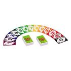 Der Text "Skip-Bo" steht auf zwei Kartenstapeln. Vor den Stapeln liegen Karten von 1 bis 12 in Regenbogenfarben.