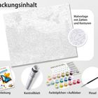 "Packungsinhalt: Malvorlage mit Zahlen, Anleitung, Kontrollblatt, Farbtöpfchen mit Aufkleber, Pinsel."