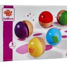 "5 Sounds", "Eichhorn", "1+". Bunte Holzkugeln, teils bemalt, auf einer Verpackung mit kleinem Eichhörnchen-Logo.