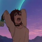 Eine animierte Figur in einem Schrei gegen einen violetten Himmel mit Bergen im Hintergrund.