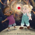 Illustration von zwei freudigen Puppen vor einer Galaxie, eine hält einen roten Ball.