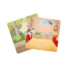 Illustration: Ein Stall mit zwei Pferden, Futtertrog und Wasserhahn. Daneben ein Wald mit einer Eule und einem Wildschwein.