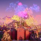 Eine bunte Illustration zeigt ein beeindruckendes Feuerwerk über einer großen, roten Festung vor einer bergigen Landschaft.