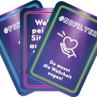 Texte: "#FAKE", "Welche peinliche Situation...", "#NOFILTER Du musst die Wahrheit sagen!" Illustration von Karten mit Herzsymbol.