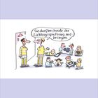 Text: "Sie durften heute ihr Lieblingsspielzeug mitbringen."

Illustration: Erwachsene und Kinder mit Tablets in einem Raum.
