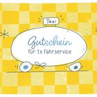 "Gutschein für 1x Fahrservice", illustriertes Taxi auf gelbem Schachbrettmuster.