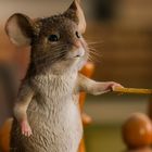 Ein Mäuserich hält ein langes Streichholz in seiner rechten Pfote, umgeben von verschwommenen, hölzernen Gegenständen.