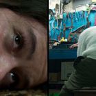 Links sieht man das Auge einer Person nahe am Boden, rechts einen Raum mit Werkbank und Werkzeugen an der Wand.