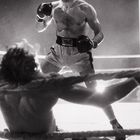 "Everlast" auf der Boxerhose. Ein Boxer steht im Ring, während ein anderer auf dem Boden sitzt, von Seilen gestützt.