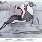 Hans Christian Andersen's THE SNOW QUEEN. Ein Kind reitet auf einem springenden Rentier vor schneebedecktem Hintergrund.