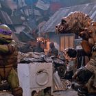 Ein humanoider Schildkrötenkrieger mit lila Maske hält einen Kampfstab und kämpft gegen ein stacheliges Monster.