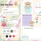 Fröhliche, bunte Illustration mit Einhorn-Hunden und Feldern zum Ausfüllen über persönliche Vorlieben und Träume.