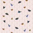 Eine Illustration mit bunten Schmetterlingen auf einem blassrosa Hintergrund mit goldenen, bogenförmigen Linien.