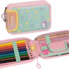 Text "smaepp by brunnen". Federmäppchen in Rosa und Mint mit Einhorn- und Eismotiv. Enthält bunte Stifte und Zubehör.