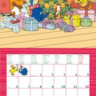 Kalender für Dezember 2027. Bunte Illustration mit Maus, Elefant und Ente, Weihnachtsbaum und Geschenken.