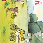 Text "Janosch" in bunten Buchstaben. Eine Illustration zeigt Tiere auf einer Wiese mit einem Fahrrad, Hund und Ente.
