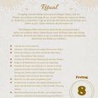 Eine Anleitung für ein Ritual mit Honig und Milch. Am rechten Rand steht "Freitag, 8. Januar". Gold-weiße, strahlende Illustration.