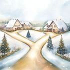 Text: "22" oben links, "WEGE" unten. Illustration: Winterlandschaft mit zwei schneebedeckten Häusern und Tannen entlang eines Weges.