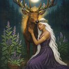 „Stag & Sage. Spirituality ∙ Wisdom ∙ Clarity." Eine Frau mit einem Hirsch, Mond und Pflanzen in nächtlicher Naturillustration.