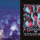 Links: Stadtansicht bei Nacht. Rechts: Illustration von fünf in Blautönen und Pink gehaltenen Figuren, Text: "SASA BOYS".