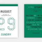 Links: "August 23 Sunday" in großen, kantigen Zahlen. Rechts: Technische Begriffe wie "SECTOR", "ORBİT", "TEMP".