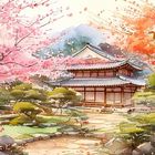 Keine Texte. Illustration eines japanischen Gartens mit Kirschblüten, Bäumen und traditionellem Gebäude im Hintergrund.